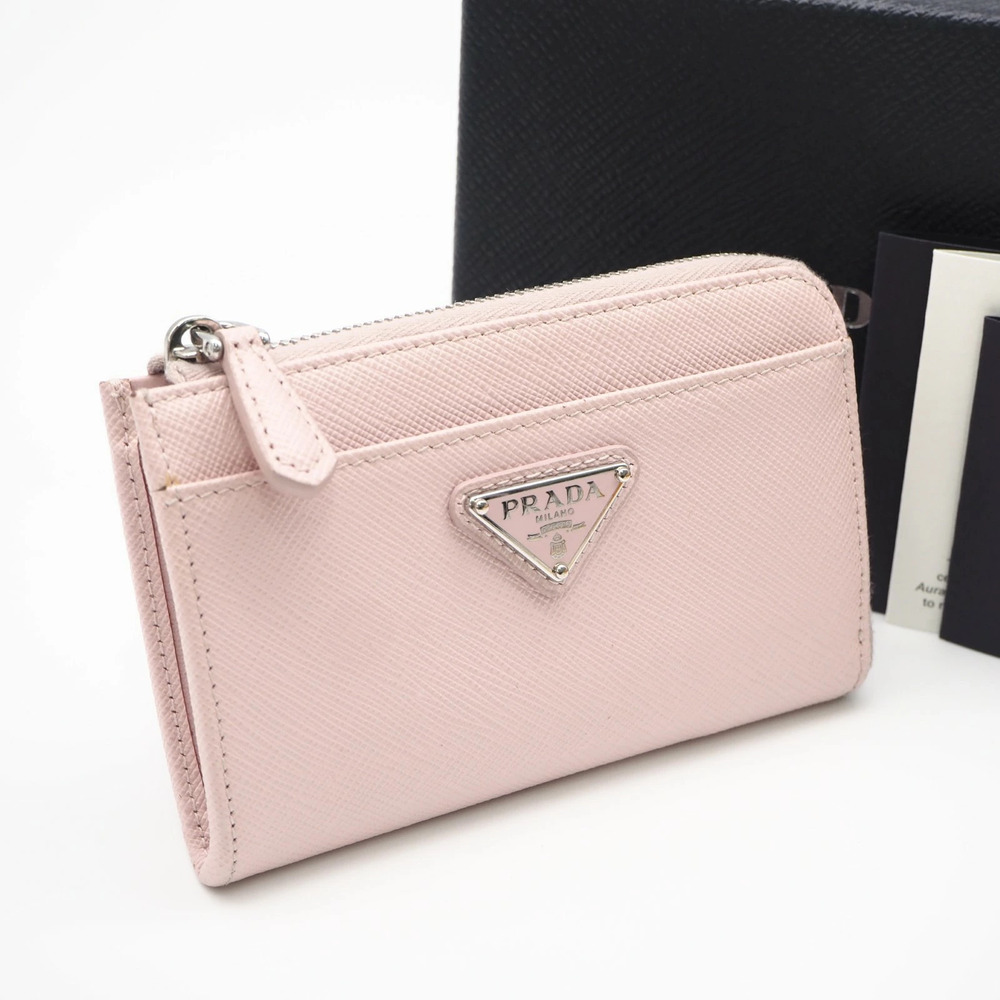 Prada Saffiano Triangle Keychain Coin Wallet Pink